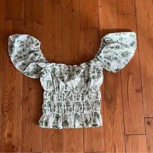 Abercrombie Flutter Sleeve Smocked Top Green Palm Trees - Size XS
